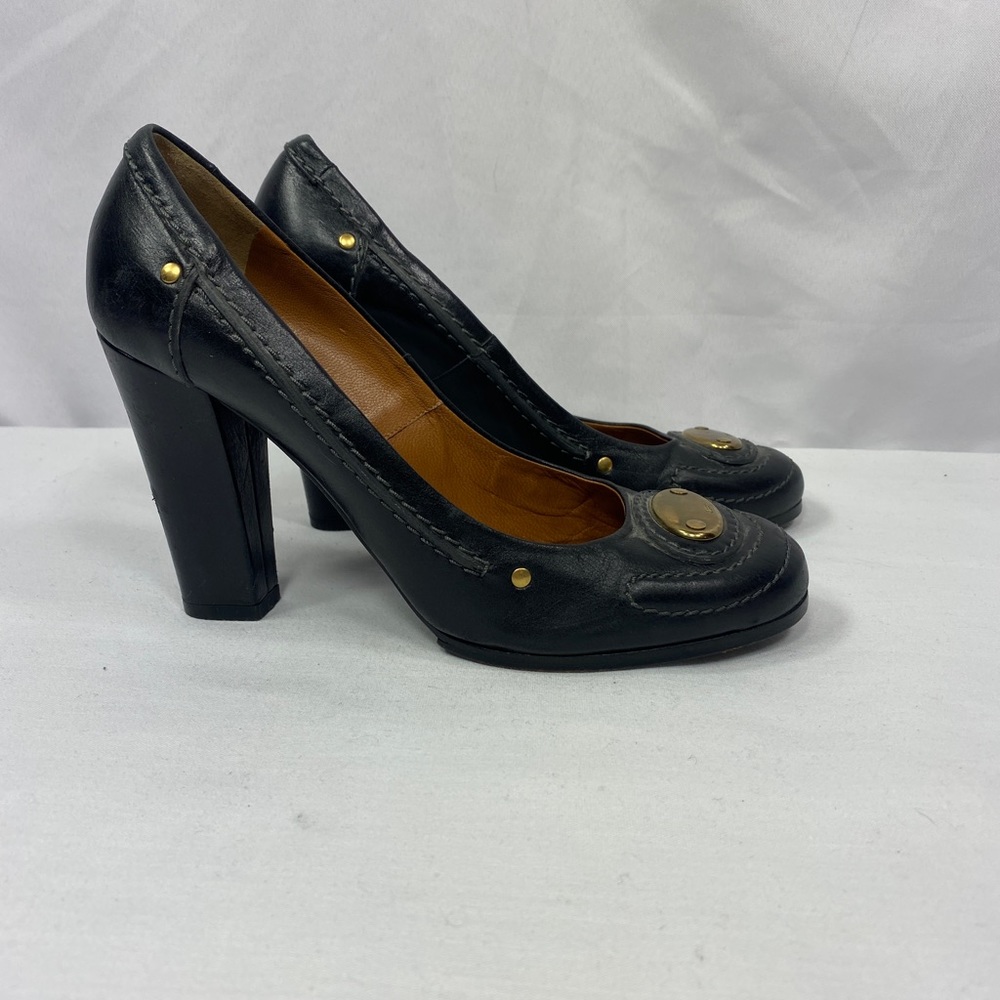 Chloe Front Brass Plate Block Heel Pump Round Toe Blk White Contrast Stitch 37.5 - Picture 5 of 16